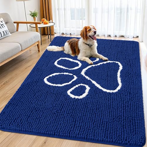 Smiry Hunde-Fußmatte für schlammige Pfoten, saugfähig, rutschfest, waschbar, schnell trocknend, Chenille, Schmutzmatte für Hunde, Eingangsmatte für den Innenboden (180 x 117 cm, Marineblau) von smiry