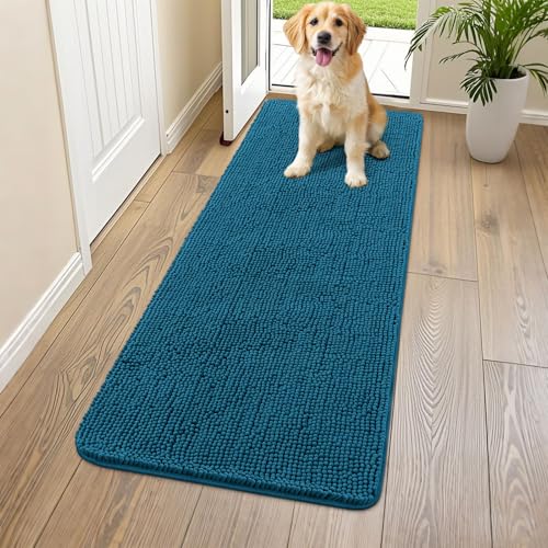 Smiry Hunde-Fußmatte für schlammige Pfoten 59 x 24 cm, absorbiert Feuchtigkeit und Schmutz, rutschfest, waschbar, schnell trocknend, Chenille-Eingang, Eingangsteppich für Innenboden, Atlantikblau von smiry