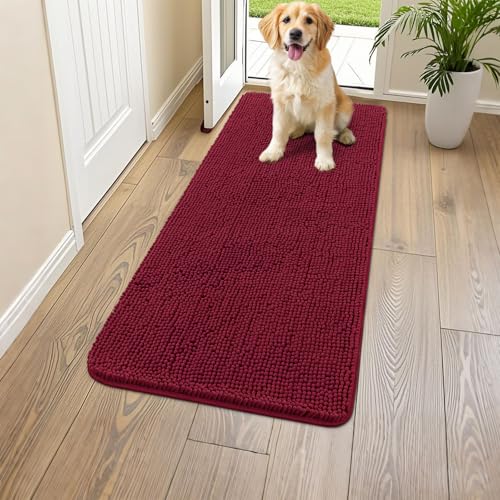 Smiry Hunde-Fußmatte für schlammige Pfoten 59 x 24 cm, absorbiert Feuchtigkeit und Schmutz, rutschfest, waschbar, schnell trocknend, Chenille-Eingang, Eingangsteppich für Innenboden, Burgunderrot von smiry