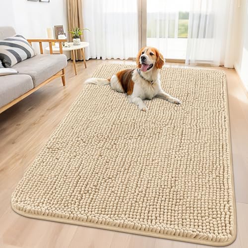 Smiry Hunde-Fußmatte für schlammige Pfoten 59 x 32 cm, absorbiert Feuchtigkeit und Schmutz, rutschfest, waschbar, schnell trocknend, Chenille-Eingang, Eingangsteppich für Innenboden, Beige von smiry