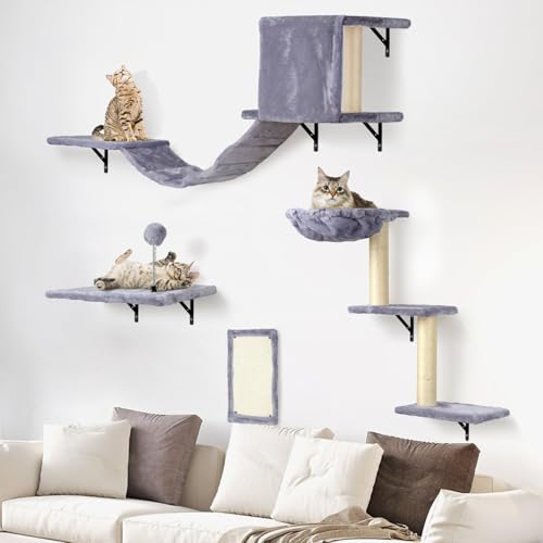Katzen kletterwand Set XXL mit Katzenbaum Hängematte,Katzenhöhle Wand,Katzenbrücke,Kratzbrett und Katzen Wandelemente - 4-Teiliges Holz Katzenmöbel (Hellgrau) von sofoteaful