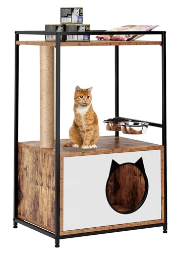 soges Kratzbaum Katzenklo Industrieller Stil Katzenschrank mit Ablagefläche Katzenturm mit Kratzbaum Katzenmöbel aus Holz mit Futterstation von soges