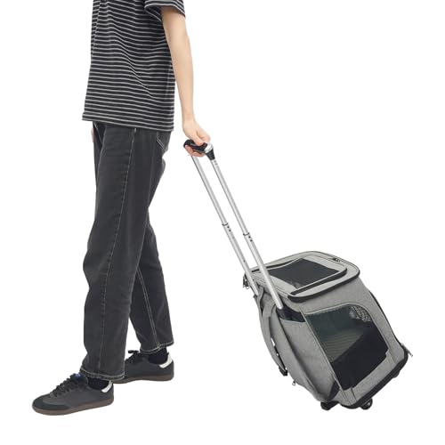 soudesileim 2 in 1 Faltbar Hunderucksack Trolley, Hundetransportbox mit Rollen, bis 9kg Katze und 7.5kg Hund, Rucksackgröße 34x28x44cm, Katzenrucksack Atmungsaktiv (Grau) von soudesileim