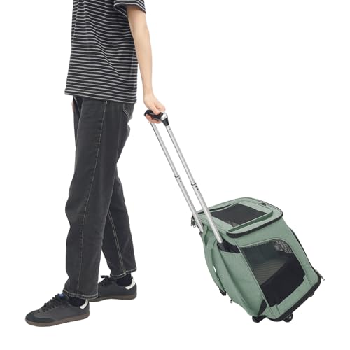 soudesileim 2 in 1 Faltbar Hunderucksack Trolley, Hundetransportbox mit Rollen, bis 9kg Katze und 7.5kg Hund, Rucksackgröße 34x28x44cm, Katzenrucksack Atmungsaktiv (Grün) von soudesileim