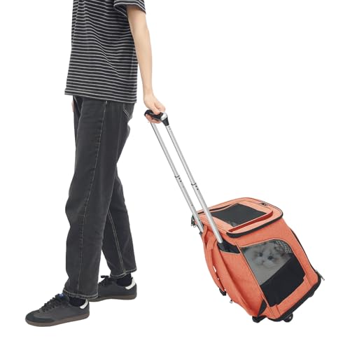 soudesileim 2 in 1 Faltbar Hunderucksack Trolley, Hundetransportbox mit Rollen, bis 9kg Katze und 7.5kg Hund, Rucksackgröße 34x28x44cm, Katzenrucksack Atmungsaktiv (Orange) von soudesileim