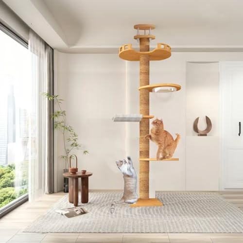 Kratzbaum vom Boden bis zur Decke (233,7 cm - 279,4 cm), höhenverstellbar, hölzerner Katzenbaum, vom Boden bis zur Decke, Katzenspringplattform, Sisal-Kratzbaum, Bett, interaktives Spielzeug von stcyutdaa