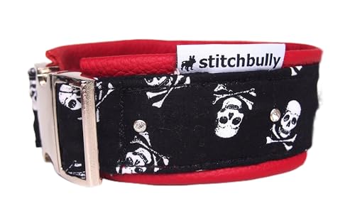 Halsband mit Totenköpfen,Kunstlederfutter, Stoffhalsband mit Straß HB0004 von stitchbully