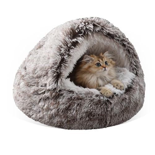 storchenbeck Katzenbett runde plüschflauschige Kapuze beruhigende Katzenbetthöhle für Hunde und Katzen, waschbarer, rutschfestem wasserdichtem Boden, 20" (Kaffee) von storchenbeck