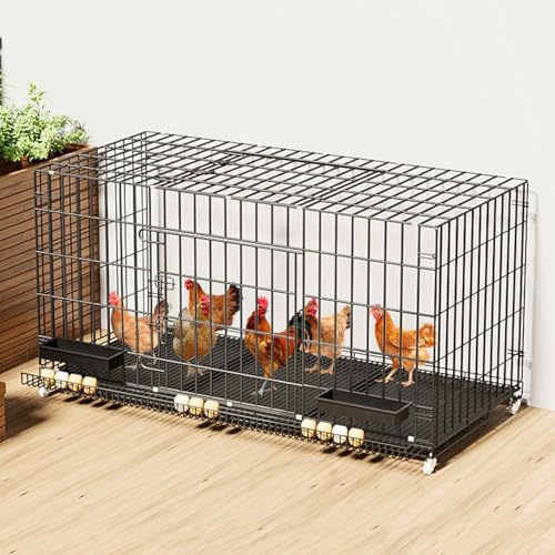 Hühnerstall aus Metall, Hühner- und Entenkäfig aus Metall mit feststellbaren Rädern, herausnehmbarem Eierfach, Doppeltür-Design, für drinnen, draußen und den Garten(Black,100 * 60 * 70CM) von sunbiaouk