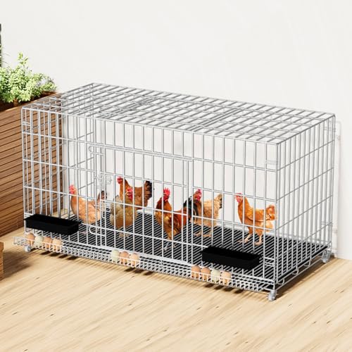 Hühnerstall aus Metall, Hühner- und Entenkäfig aus Metall mit feststellbaren Rädern, herausnehmbarem Eierfach, Doppeltür-Design, für drinnen, draußen und den Garten(Silver,85 * 60 * 70CM) von sunbiaouk