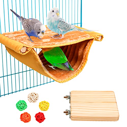 Vogel Hängematte Etagenbett, Vogelnest Höhlen Schlafplätze Vogelkäfig Zubehör Vogel Spielzeug Inkl. Vogelsitzbrett und 5 Rattan Ball für Wellensittich Nymphensittich Finken Hamster Rennmaus (Gelb) von suruikei