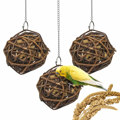 suruikei 3 Stück Kolbenhirse gefüllte Weidenkugel-für Vögel zum Kauen und Klettern – handgefertigt – Vogelkauspielzeug – für Papageien, Wellensittiche, Nymphensittiche, Kakadu (10cm) von suruikei
