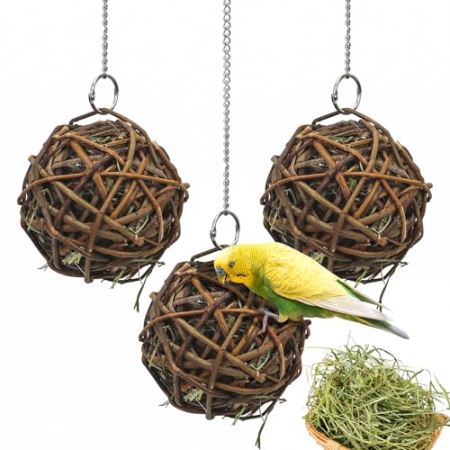 suruikei 3 Stück Mit Heu gefüllte Weidenbälle-für Vögel zum Kauen und Klettern – handgefertigt – Vogelkauspielzeug – für Papageien, Wellensittiche, Nymphensittiche, Kakadu(10cm) von suruikei