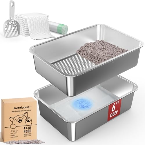 50 x 34 x 15 cm große Edelstahl-Katzentoilette für große Katzen, Metall-Katzentoilette für Holzkieferpellets, einfache Reinigung, mit Schaufel und nicht klumpendem Streu von suzzipaws