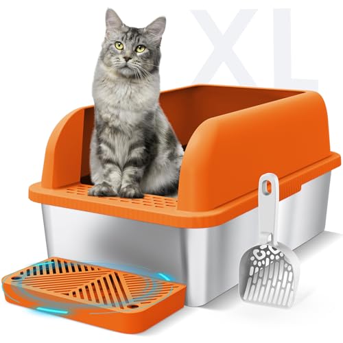 Geschlossene Katzentoilette aus Edelstahl mit Deckel, extra große Katzenbox für große Katzen, XL-Metallstreuschale mit hohen Seiten, Umrandung, auslaufsicher, leicht zu reinigen (Orange) von suzzipaws