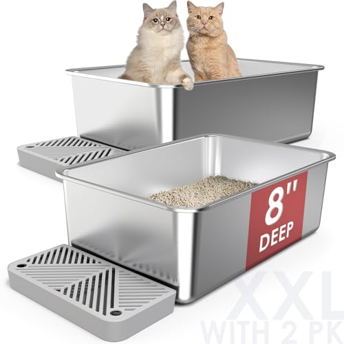 2 Stück 60 x 40 x 20 cm extra tiefe und große Edelstahl-Katzentoilette für große Katzen, antihaftbeschichtet, geruchloses Metall-Katzentoilette, XL-Kitty-Pfannen-Tablett mit Fußteil, einfache 2 Stück 60 x 40 x 20 cm extra tiefe und große Edelstahl-Katzentoilette für große Katzen, antihaftbeschichtet, geruchloses Metall-Katzentoilette, XL-Kitty-Pfannen-Tablett mit Fußteil, einfache von suzzipaws