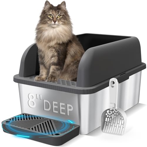 Suzzipaws 20,3 cm tiefe Katzentoilette aus Edelstahl mit Deckel, extra große Streubox für große Katzen, XL-Metallstreuschale mit hohen Seitenwänden, antihaftbeschichtet, auslaufsicher (Anthrazitgrau) von suzzipaws