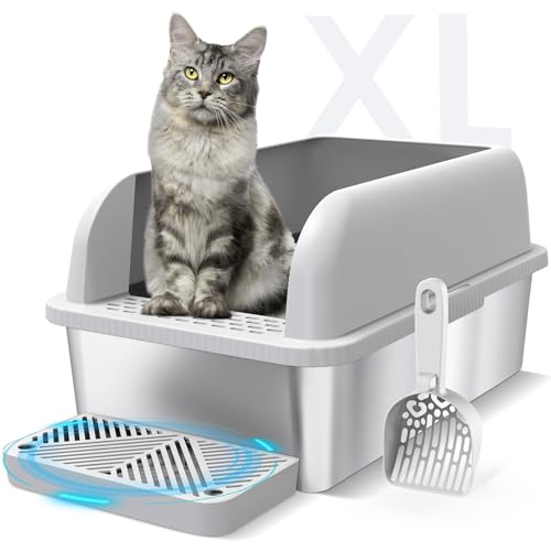 Suzzipaws Enclosed Stainless Steel Cat Litter Box with Lid Extra Large Litter Box for Big Cats XL Metal Litter Pan Tray with High Wall Sides Enclosure, Non-Sticky, Anti-Leakage, Easy Cleaning von suzzipaws