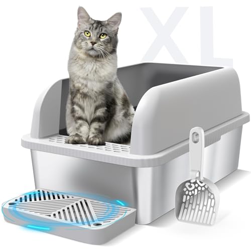 Suzzipaws Enclosed Stainless Steel Cat Litter Box with Lid Extra Large Litter Box for Big Cats XL Metal Litter Pan Tray with High Wall Sides Enclosure, Non-Sticky, Anti-Leakage, Easy Cleaning von suzzipaws