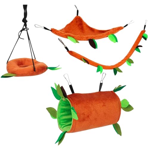 szvbofueck 6 Pcs Hamster Small Animals Hanging Warm Bed House Natural Wood Chewing Stick Cage Nest Accessories Toy Hanging Tunnel and Swing for Sugar Glider Großer Gehörnter (Orange, One Size) von szvbofueck