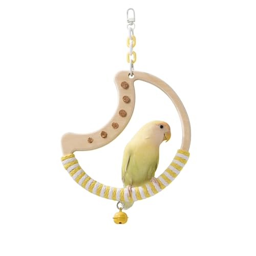 Tafit Papagei Sitzstange Vogelkäfig Zubehör Ständer - Mondform mit Glocke, Holz Interaktives Spinnspielzeug für Sittiche, Wellensittiche und Lovebirds (Weiß + Gelb) von tafit