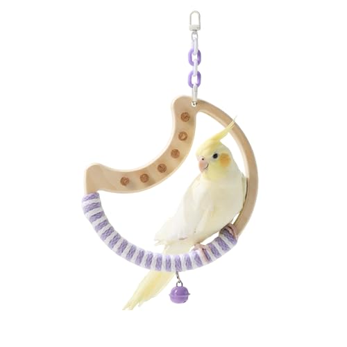 Tafit Papagei Sitzstange Vogelkäfig Zubehör Ständer - Mondform mit Glocke, Holz Interaktives Spinnspielzeug für Sittiche, Wellensittiche und Lovebirds (Weiß + Lila) von tafit