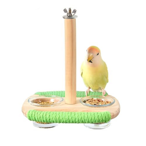 Tafit Vogelfutterstation & Sitzstange – inklusive Baumwollseilstange und 2 Glas-Futterbechern – Käfigzubehör für Nymphensittiche, Wellensittiche, Lovebirds, Conures, Kanarienvögel, Finken und kleine von tafit