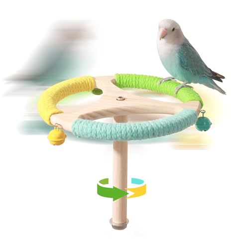 tafit Papageien-Sitzstange aus Holz mit 3 Glockenspielzeugen und weichem Baumwollseil – interaktives drehendes Vogelkäfigzubehör für Sittiche, Wellensittiche, Lovebirds, Nymphensittiche, Sittiche von tafit