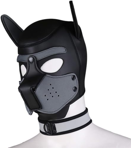 Neopren-Welpen-Haubenmaske mit Kragen, abnehmbare Cosplay-Hunde-Vollgesichts-Welpen-Haubenmaske, Halloween-Maske (Grau, L) von taxekoz