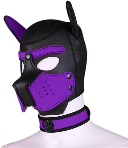 Neopren-Welpen-Haubenmaske mit Kragen, abnehmbare Cosplay-Hunde-Vollgesichts-Welpen-Haubenmaske, Halloween-Maske (Lila, XL) von taxekoz