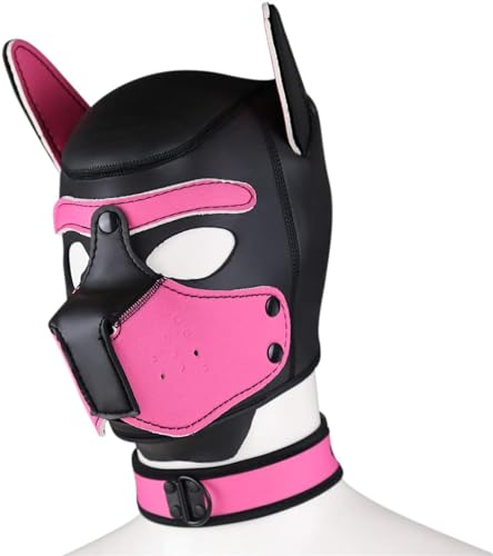 Neopren-Welpen-Haubenmaske mit Kragen, abnehmbare Cosplay-Hunde-Vollgesichts-Welpen-Haubenmaske, Halloween-Maske (Rosa, L) von taxekoz