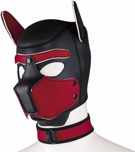 Neopren-Welpen-Haubenmaske mit Kragen, abnehmbare Cosplay-Hunde-Vollgesichts-Welpen-Haubenmaske, Halloween-Maske (Rot, L) von taxekoz
