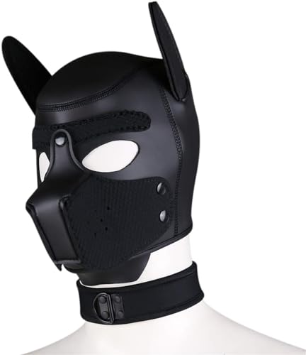 Neopren-Welpen-Haubenmaske mit Kragen, abnehmbare Cosplay-Hunde-Vollgesichts-Welpen-Haubenmaske, Halloween-Maske (Schwarz, L) von taxekoz