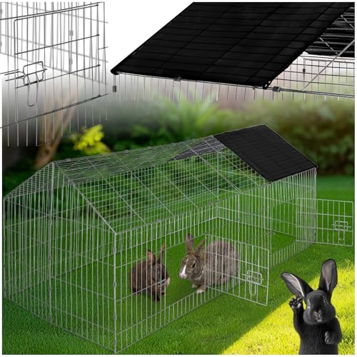 tectake® Freilaufgehege Kaninchen, Hasenstall draußen, Meerschweinchen Käfig, Laufgitter mit Sonnenschutz, Hasenkäfig, Steckzaun, Kleintierkäfig, Meerschweinchen Gehege, 180 x 75 x 75 cm - schwarz von tectake