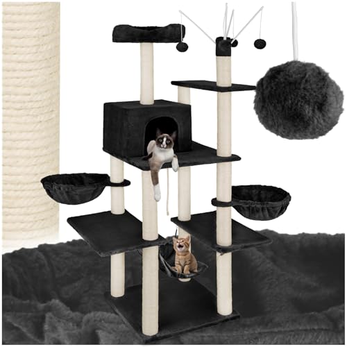 tectake® XXL Kratzbaum groß für Katzen, Zubehör Liegemulden, Katzenhängematte, Katzenhaus, Spielzeug, Sisalseil, Kratzstamm, Katzenbaum, Katzenkratzbaum Höhe ca. 165 cm - schwarz von tectake
