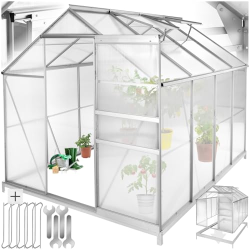 tectake® Aluminium Gewächshaus, 250x185x195 cm, Treibhaus, Tomatenhaus, Frühbeet, Pflanzenhaus, UV beständig, 4 mm Platte, Schiebetür & Dachfenster, Schutz vor Kälte, Regen und Frost - mit Fundament von tectake