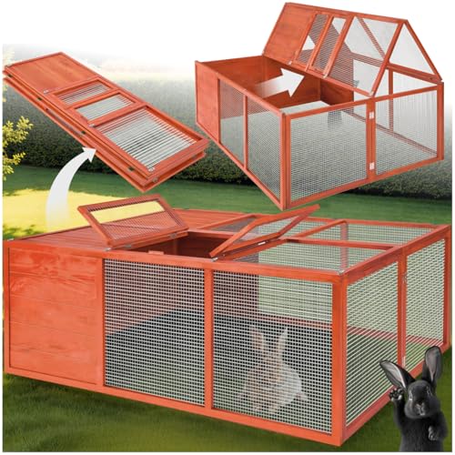 tectake® Hasenstall, faltbar, Holz, mit Dachöffnung, Freigehege, Meerschweinchen Käfig, Kaninchen Zubehör, Freilaufgehege Kaninchen, Meerschweinchen Zubehör, Kleintierkäfig, Hasenkäfig 150x103x53cm von tectake