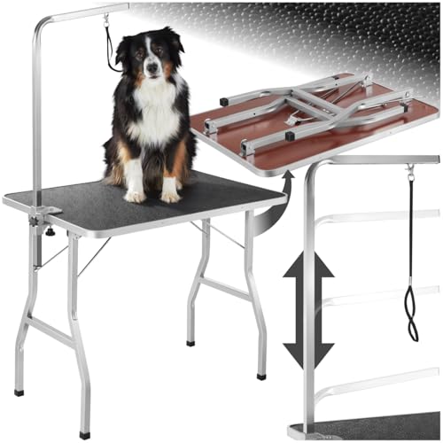 tectake® Haustier Trimmtisch, Frisiertisch Hund und Katze, Pflegetisch, Hundefriseur Zubehör, Dog Grooming, mit Galgen, Groomer Tisch klappbar, Schertisch Hund gummiert und Kratzfest - schwarz/grau von tectake