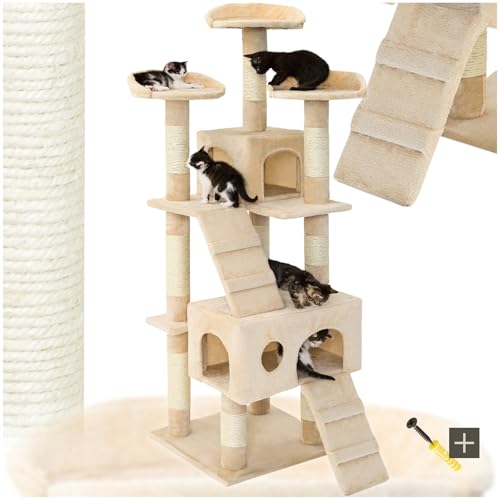 tectake® Katzen Kratzbaum groß, Katzenbaum mit 3X Sisal Kratzsäule sowie Katzen Zubehör 3X Liegeplatz sowie 1x Katzenhöhle und 2X Katzentreppe, mittelhoch für Katzen, Kitten und Kater - beige von tectake