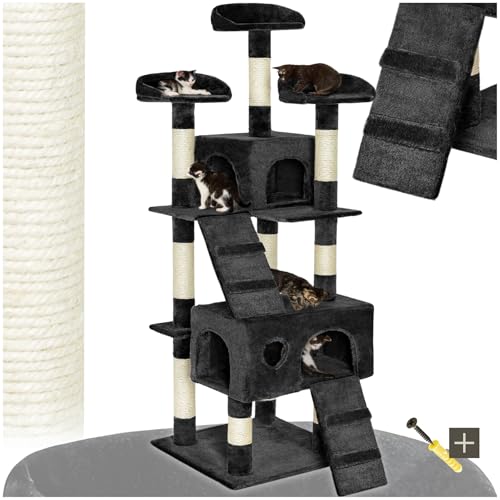 tectake® Katzen Kratzbaum groß, Katzenbaum mit 3X Sisal Kratzsäule sowie Katzen Zubehör 3X Liegeplatz sowie 1x Katzenhöhle und 2X Katzentreppe, mittelhoch für Katzen, Kitten und Kater - schwarz von tectake
