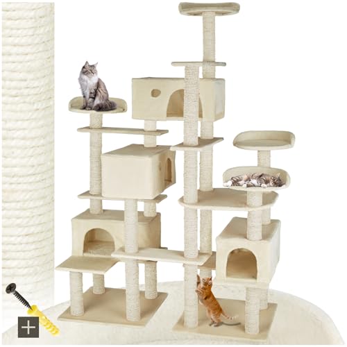 tectake® Katzen Kratzbaum groß, Katzenbaum mit Zubehör für Katze, XXL Katzenkratzbaum mit 4X Katzenhaus, Spielturm mit Kratzsäule, Kratzstamm aus Sisal, Wand Montage möglich - beige von tectake