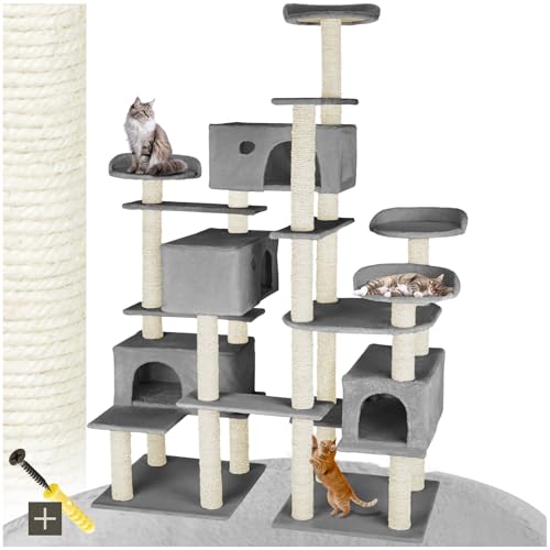 tectake® Katzen Kratzbaum groß, Katzenbaum mit Zubehör für Katze, XXL Katzenkratzbaum mit 4X Katzenhaus, Spielturm mit Kratzsäule, Kratzstamm aus Sisal, Wand Montage möglich - grau von tectake