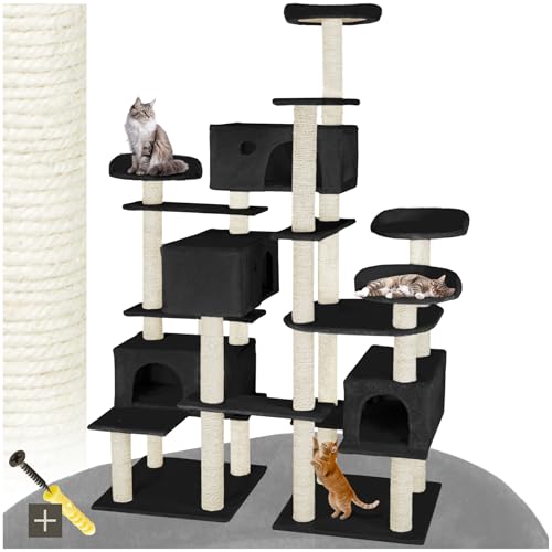 tectake® Katzen Kratzbaum groß, Katzenbaum mit Zubehör für Katze, XXL Katzenkratzbaum mit 4X Katzenhaus, Spielturm mit Kratzsäule, Kratzstamm aus Sisal, Wand Montage möglich - schwarz von tectake