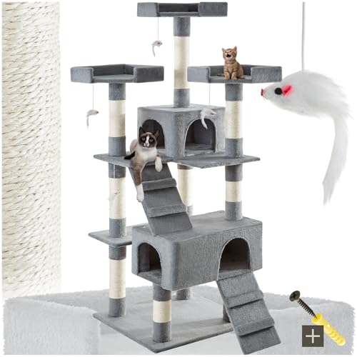 tectake® Katzen Kratzbaum groß, für Katzen und Kitten, mit 2X Katzenhaus, 4X Katzenspielzeug Spielmaus und 2X Katzenleiter zum Klettern, Kratzsäule Sisalseil, Kippschutz mit Wandmontage - grau von tectake