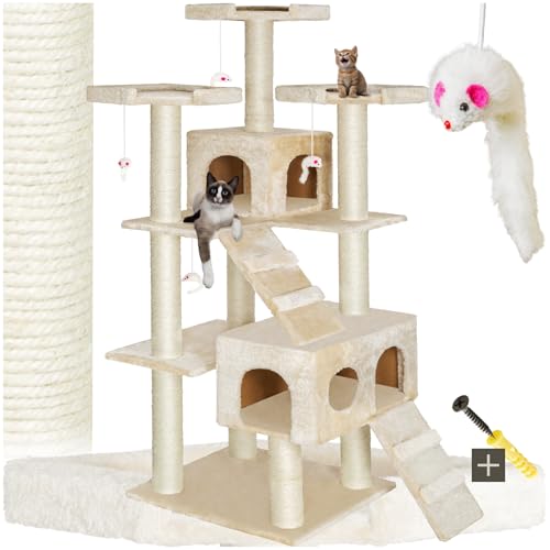 tectake® XXL Luxus Sisal Kratzbaum 186cm groß mit Spielzeug & Zubehör für Kitten und Katzen, Sisalseil Kratzstamm, Katzenhöhle und Katzenhaus, Katzentreppe und Aussichtsplattformen - beige von tectake