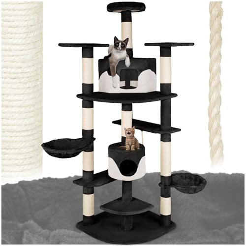 tectake® XXL Kratzbaum für Katzen, Katzenkratzbaum groß, mit Zubehör Katzenspielzeug Kordel, Liegemulde, 2X Katzenhöhle, Katzenbaum mit Kratzsäule aus Sisalseil, deckenhoch - schwarz/Weiss von tectake
