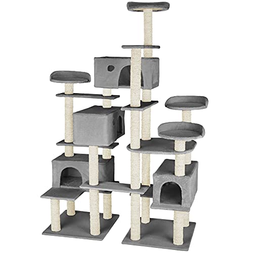 tectake 800920 XXL Katzen Kratzbaum mit Aussichtsplattformen und Katzenhäusern, mehrere Ebenen, Stämme mit Sisalseil umwickelt, 214 cm hoch (Grau | Nr. 403920) von tectake