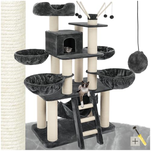 tectake Katzenbaum XXL, Kratzbaum groß, 195 cm, Kratzbaum deckenhoch, Kletterbaum mit Liegemulden, Hängematte, Treppe und Höhle, stabile Säulen mit Sisal, Spielbaum für Katzen - grau/weiß tectake Katzenbaum XXL, Kratzbaum groß, 195 cm, Kratzbaum deckenhoch, Kletterbaum mit Liegemulden, Hängematte, Treppe und Höhle, stabile Säulen mit Sisal, Spielbaum für Katzen - grau/weiß von tectake