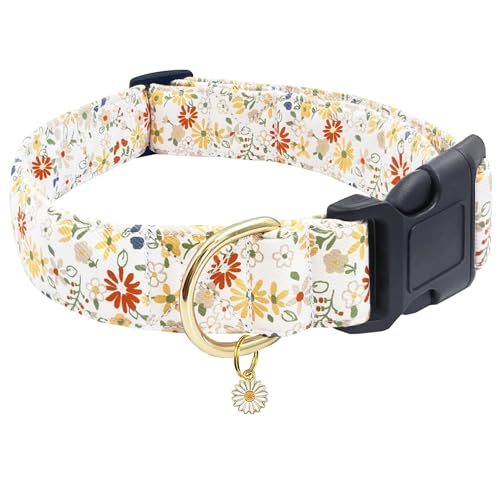 TEEMERRYCA Hundehalsband mit Blumendruck, strapazierfähiges Polyester-Verbundmaterial, verstellbar für kleine, mittelgroße und große Rassen, Geschenk für Haustiere (Beige-L) von teemerryca