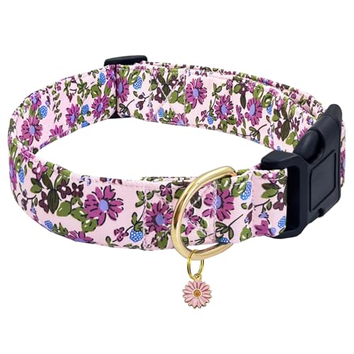 TEEMERRYCA Hundehalsband mit Blumendruck, strapazierfähiges Polyester-Verbundmaterial, verstellbar für kleine, mittelgroße und große Rassen, Geschenk für Haustiere (Dunkelrosa, M) von teemerryca